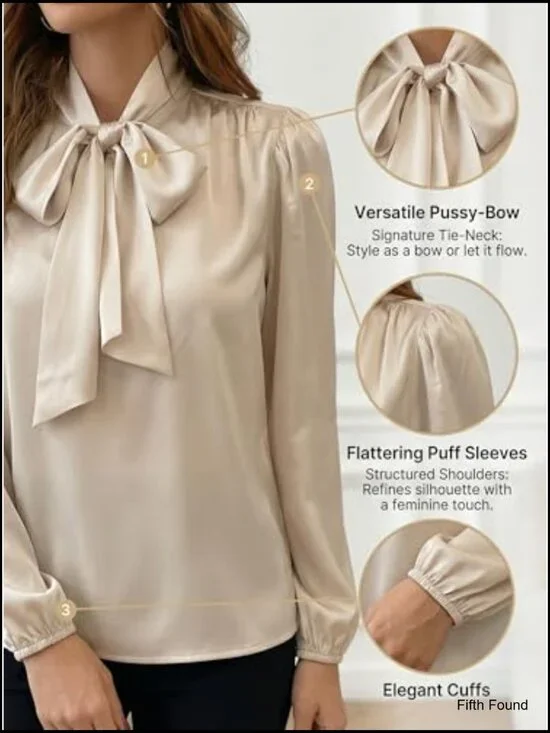 Long Sleeve Satin Blouse with Bow Tie High Neck Dressy Casual Top - Picture 4 of 7
